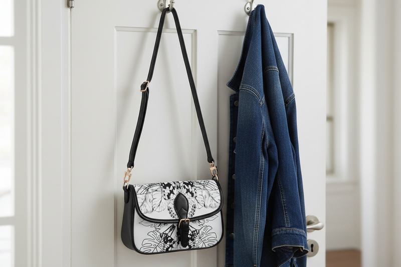 Ink Print Womens Crossbody Bag with Chain Detail