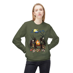 Campfire Cats Crewneck Sweatshirt — Woodland Night Cats Around a Bonfire