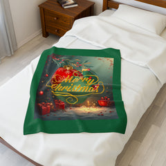 Merry Christmas Velveteen Plush Blanket — Festive Holiday Throw with Ornaments & Gifts
