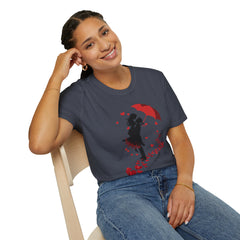 Romantic Couple Silhouette T-Shirt — Red Umbrella & Heart Confetti Valentine Tee