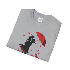 Romantic Couple Silhouette T-Shirt — Red Umbrella & Heart Confetti Valentine Tee