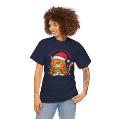Grumpy Cat tangled in Christmas Lights T-Shirt – "I'm NOT Merry A Right!" Holiday Tee