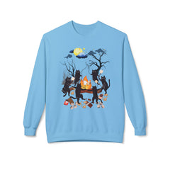 Campfire Cats Crewneck Sweatshirt — Woodland Night Cats Around a Bonfire