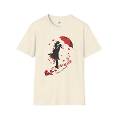 Romantic Couple Silhouette T-Shirt — Red Umbrella & Heart Confetti Valentine Tee