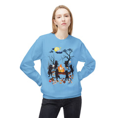 Campfire Cats Crewneck Sweatshirt — Woodland Night Cats Around a Bonfire