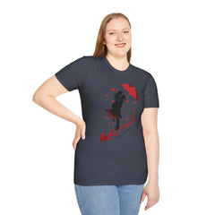 Romantic Couple Silhouette T-Shirt — Red Umbrella & Heart Confetti Valentine Tee