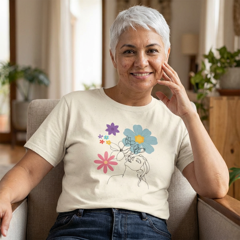 Floral Line Art Tee — Colorful Blossoms Graphic T-Shirt