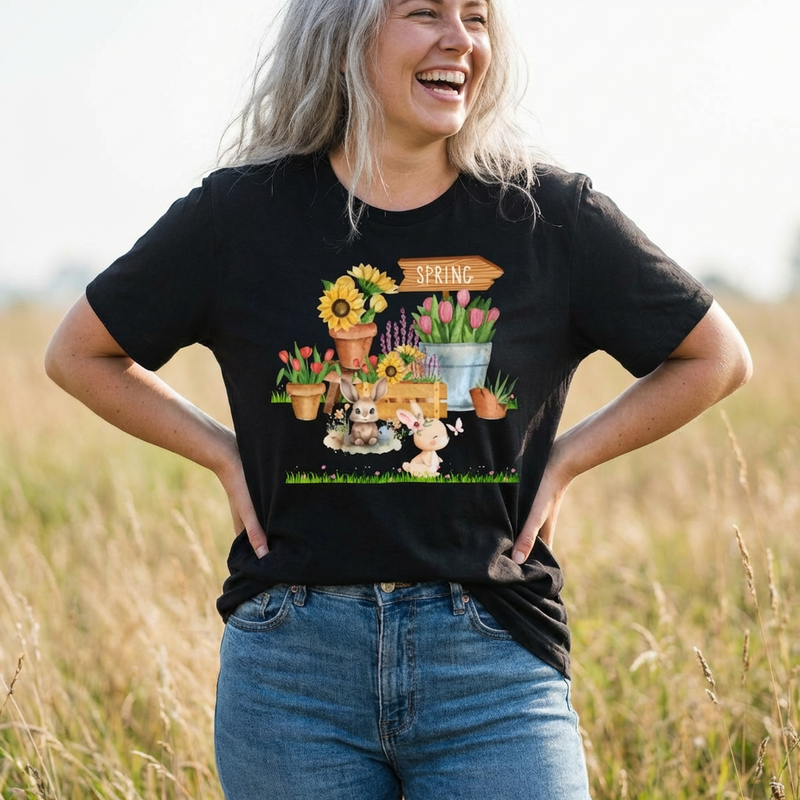 Spring Garden Tee — Cute Bunny & Flower Pots Graphic T-Shirt