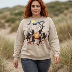 Campfire Cats Crewneck Sweatshirt — Woodland Night Cats Around a Bonfire