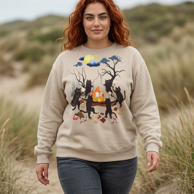 Campfire Cats Crewneck Sweatshirt — Woodland Night Cats Around a Bonfire