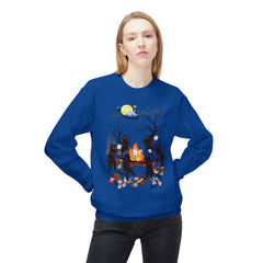 Campfire Cats Crewneck Sweatshirt — Woodland Night Cats Around a Bonfire