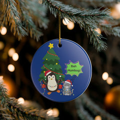 Bah Humbug Penguin & Grumpy Cat Ceramic Christmas Ornament