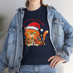 Grumpy Cat tangled in Christmas Lights T-Shirt – "I'm NOT Merry A Right!" Holiday Tee