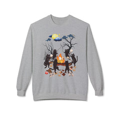 Campfire Cats Crewneck Sweatshirt — Woodland Night Cats Around a Bonfire