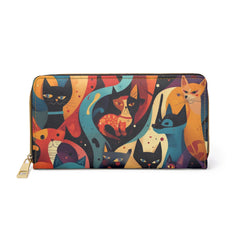 Cat Pattern Zipper Wallet — Colorful Retro Feline Print Wallet