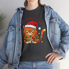 Grumpy Cat tangled in Christmas Lights T-Shirt – "I'm NOT Merry A Right!" Holiday Tee