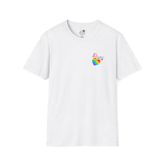 2 Sided Rainbow Pride Tee — Small Heart Chest Logo & Back Rainbow Ribbon T-Shirt