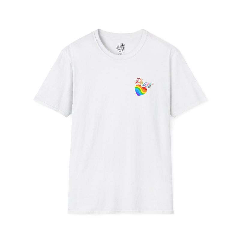 2 Sided Rainbow Pride Tee — Small Heart Chest Logo & Back Rainbow Ribbon T-Shirt