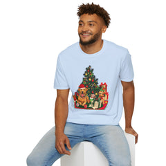 Christmas Golden Retriever Dog T-Shirt — Festive Tree & Presents Holiday Tee