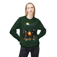 Campfire Cats Crewneck Sweatshirt — Woodland Night Cats Around a Bonfire
