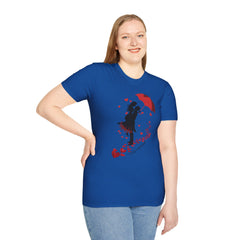 Romantic Couple Silhouette T-Shirt — Red Umbrella & Heart Confetti Valentine Tee