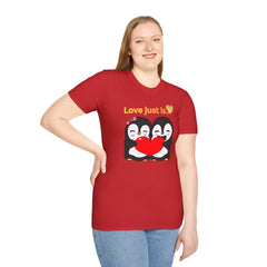 Penguin Heart T-Shirt — "Love Just Is" Cute Couples Valentine Tee