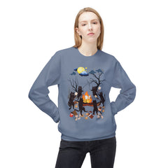 Campfire Cats Crewneck Sweatshirt — Woodland Night Cats Around a Bonfire