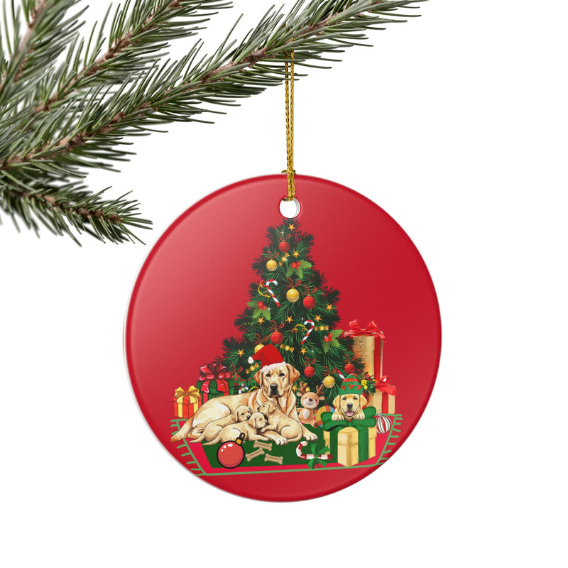 Christmas Dog Family Ceramic Ornament — Labradors Under Tree Holiday Decoration