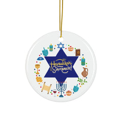 Hanukkah Sameach Ceramic Ornament — Double-Sided Holiday Decoration