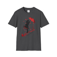 Romantic Couple Silhouette T-Shirt — Red Umbrella & Heart Confetti Valentine Tee