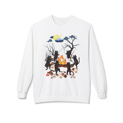 Campfire Cats Crewneck Sweatshirt — Woodland Night Cats Around a Bonfire