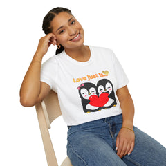 Penguin Heart T-Shirt — "Love Just Is" Cute Couples Valentine Tee