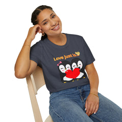 Penguin Heart T-Shirt — "Love Just Is" Cute Couples Valentine Tee