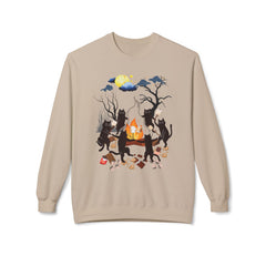 Campfire Cats Crewneck Sweatshirt — Woodland Night Cats Around a Bonfire