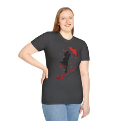 Romantic Couple Silhouette T-Shirt — Red Umbrella & Heart Confetti Valentine Tee