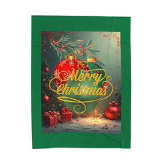 Merry Christmas Velveteen Plush Blanket — Festive Holiday Throw with Ornaments & Gifts