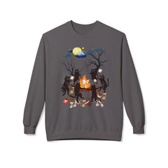 Campfire Cats Crewneck Sweatshirt — Woodland Night Cats Around a Bonfire