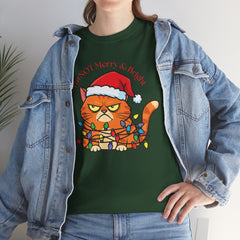 Grumpy Cat tangled in Christmas Lights T-Shirt – "I'm NOT Merry A Right!" Holiday Tee