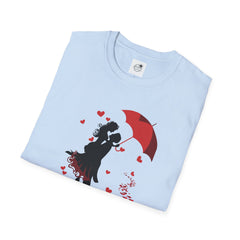 Romantic Couple Silhouette T-Shirt — Red Umbrella & Heart Confetti Valentine Tee