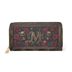 Monogram Skull & Roses Zipper Wallet — Gothic Floral Leather Wallet