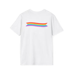 2 Sided Rainbow Pride Tee — Small Heart Chest Logo & Back Rainbow Ribbon T-Shirt