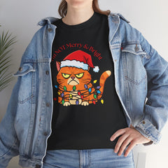 Grumpy Cat tangled in Christmas Lights T-Shirt – "I'm NOT Merry A Right!" Holiday Tee