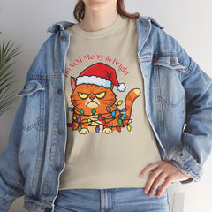 Grumpy Cat tangled in Christmas Lights T-Shirt – "I'm NOT Merry A Right!" Holiday Tee