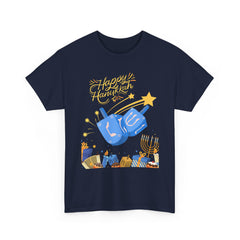 Hanukkah Blue Dreidel & Menorah Holiday Tee 2 design options
