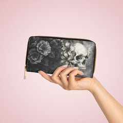Skull & Roses Zipper Wallet — Gothic Floral Long Wallet