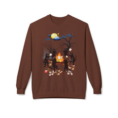 Campfire Cats Crewneck Sweatshirt — Woodland Night Cats Around a Bonfire