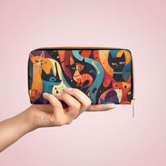 Cat Pattern Zipper Wallet — Colorful Retro Feline Print Wallet