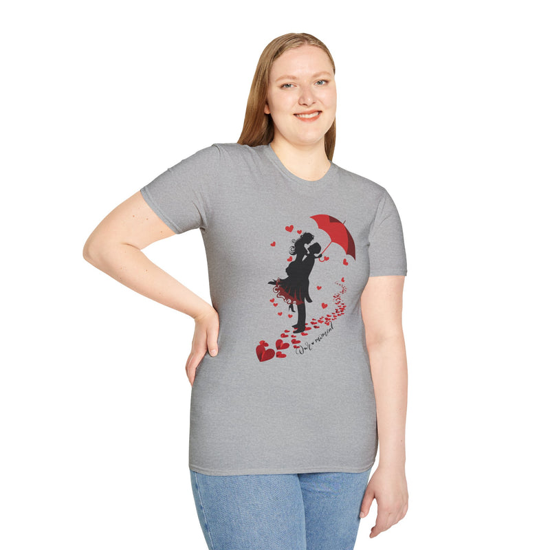 Romantic Couple Silhouette T-Shirt — Red Umbrella & Heart Confetti Valentine Tee