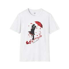 Romantic Couple Silhouette T-Shirt — Red Umbrella & Heart Confetti Valentine Tee