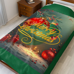 Merry Christmas Velveteen Plush Blanket — Festive Holiday Throw with Ornaments & Gifts